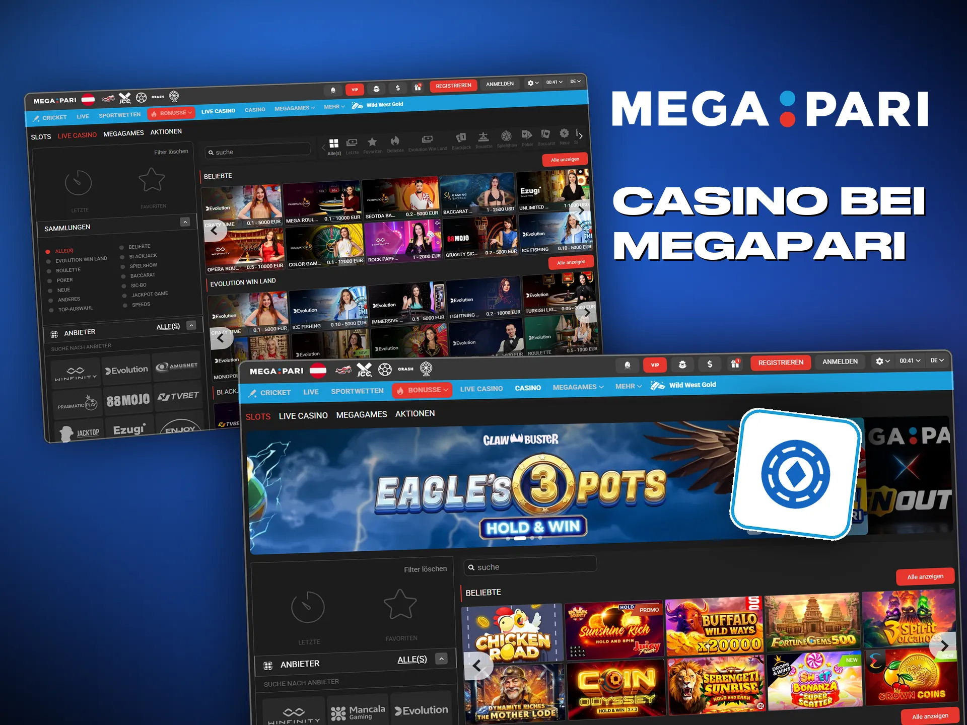 Slots, Roulette und Blackjack, sofort spielbar bei Megapari