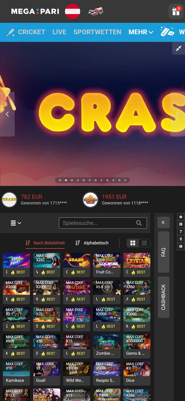 Casinospiele in der mobilen Megapari App durchsehen