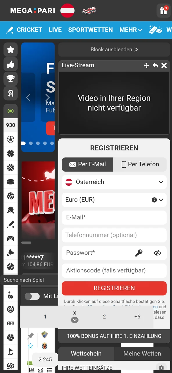 Die Startseite in der Megapari App