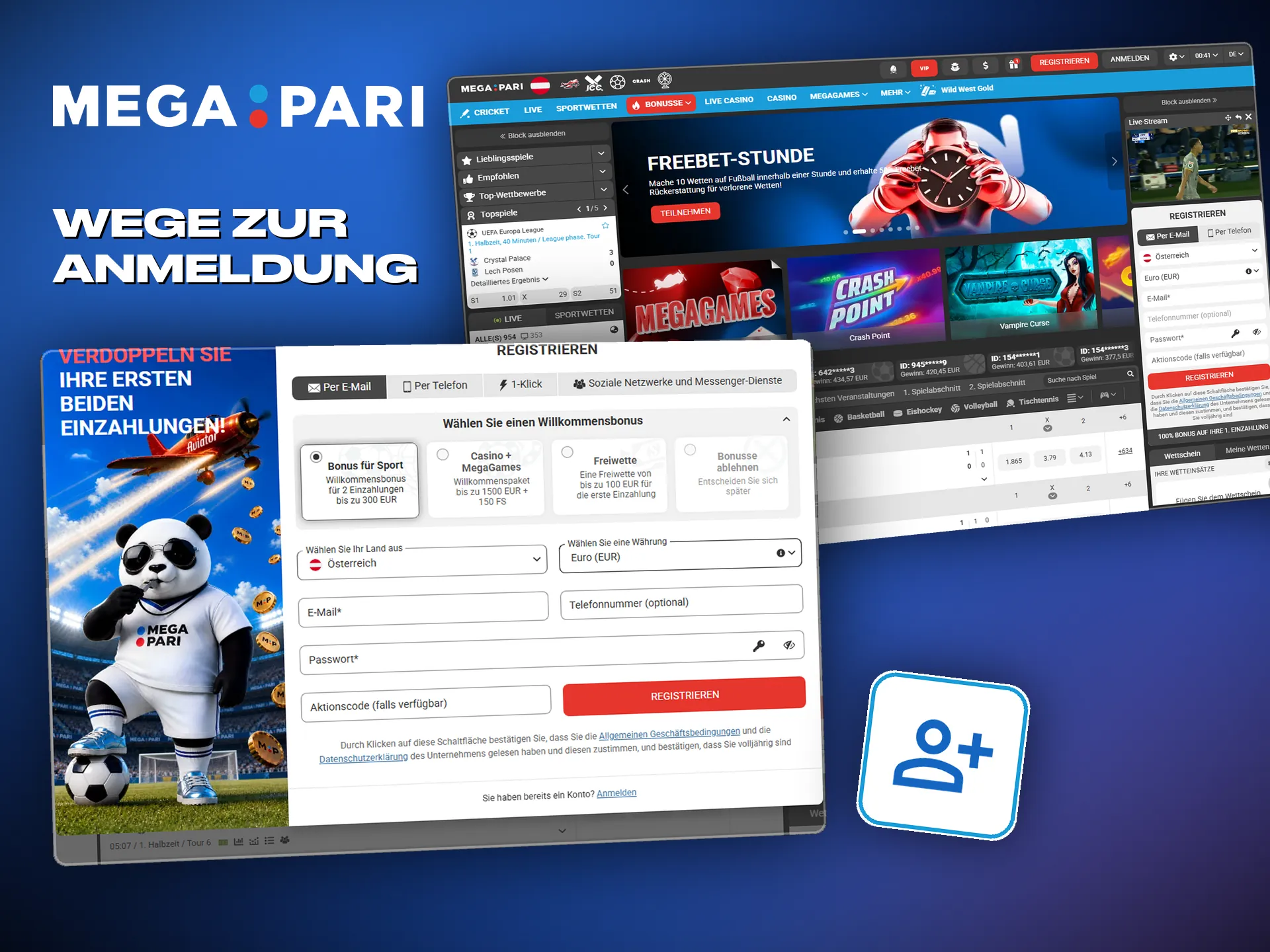 Anmeldung bei Megapari per Telefon, E-Mail, Konto oder in einem Schritt